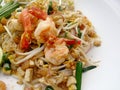 Pad Thai, stir-fried rice noodles with shrimp. Royalty Free Stock Photo