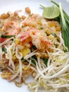 Pad Thai, stir-fried rice noodles with shrimp. Royalty Free Stock Photo