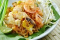 Pad Thai stir fried rice noodles with shrimp and squid on plate Royalty Free Stock Photo