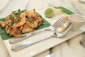 Pad Thai, Thai style stir-fried rice noodles with fresh shrimp. Thailand`s traditional dishes Royalty Free Stock Photo