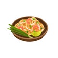 Pad Thai traditional Thai noodle vector illustration. Thai food with prawns.