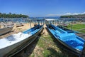 Padang Bai beach with traditional outrigger boats in Bali, Indonesia.