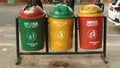 Padang, Indonesia, May 16 2021 - Trash cans with three colors, namely green, yellow and red