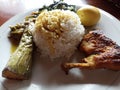 Padang Rice or in Indonesia it called Nasi Padang. With rice, fried chicken, bowl egg, eggplant and vegetables on white plate. Royalty Free Stock Photo