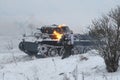 Padded German tank PzKpfw II Ausf D and fleeing German soldiers. Fragment of reconstruction of battles of the great Patriotic war.