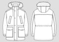 Padded winter parka. Vector technical sketch. Mockup template