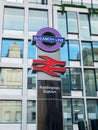 Paddington station sign post for the Elizabeth line and British Rail. London.