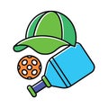 Paddle, ball, baseball cap pickleball sport symbols. Pickleball game elements vector illustration. Active sport for adult