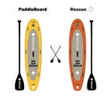 Paddle board, air sup rescue, inflatable surf, surfboard orange and yellow with black paddles, water sport,