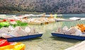 Paddle boat on lake Kournas at Crete island in Greece Royalty Free Stock Photo