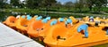 Paddle boats docked in a pond