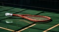 A paddle resting on the court\'s net