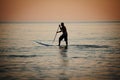 Paddle standing, silhouette of man on the beach at sunset Royalty Free Stock Photo