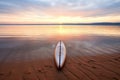 a paddleboard resting on a sandy beach at sunrise Royalty Free Stock Photo