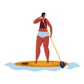 Paddleboard sport, woman surfing with cartoon paddle at board, isolated on white vector illustration. Surfer at summer Royalty Free Stock Photo