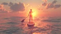 A paddleboarder's silhouette against a captivating peach-hued sunset and sea. Royalty Free Stock Photo