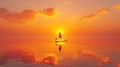 Paddleboarder in silhouette with a paddle on calm water at sunset.