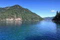 Paddleboarding couple on Lake Crescent in Olympic National Park, Washington.