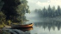 A paddleboat resting on the shore of a calm lake surrounded by pine Royalty Free Stock Photo
