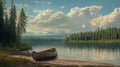A paddleboat resting on the shore of a calm lake surrounded by pine Royalty Free Stock Photo