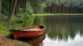 A paddleboat resting on the shore of a calm lake surrounded by pine Royalty Free Stock Photo