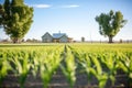 paddock with rows of corn and ranch in the distance