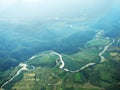Paddy field, Mountain and river in top view