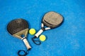 Padel tennis racket. Background with copy space. Sport court and balls.