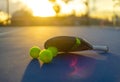 Padel tennis racket. Background with copy space. Sport court and balls.