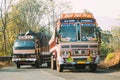 Padi, Goa, India. Painted Truck And Lorry Moving On Road Freeway Motorway.