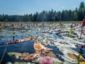 Padling through the water lilies on the Saimaa lake in the Kolovesi National Park in Finland - 4 Royalty Free Stock Photo