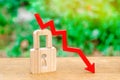 Padlock and arrow pointing down. The concept of security and integrity of personal data. Increased risk and danger, protection Royalty Free Stock Photo