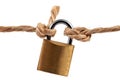 Padlock attached to a string close up on white background Royalty Free Stock Photo