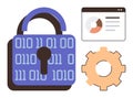 Digital security concept with padlock, binary code, pie chart, and gear symbolizing data protection Royalty Free Stock Photo