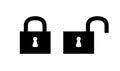 Padlock black in locked and unlocked isolated on white, black padlock for clip art, key lock shape for icon cute, icon of key lock