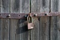 Padlock brown metal lock close-up on old gray wooden gate.