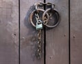 The padlock on the chain closed the old door Royalty Free Stock Photo