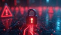 Padlock on circuit board cyber security breach with red warning signs. Concept illustrates digital system vulnerability, Royalty Free Stock Photo