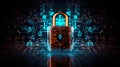 A padlock on a circuit with a glowing background. Generative AI image. Cyber cecurity concept image. Royalty Free Stock Photo