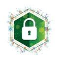 Padlock close icon floral plants pattern green hexagon button