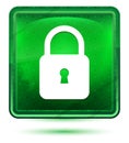 Padlock close icon neon light green square button Royalty Free Stock Photo