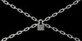 Padlock closed on four chains isolated against black background. 3d illustration