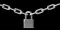 Padlock closed on two chains isolated against black background. 3d illustration