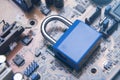 Padlock on computer circuit board. Security concept Royalty Free Stock Photo