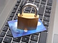 Padlock credit card on keyboard closeup