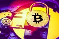Padlock with cryptocurrency bitcoin on computer hard disk drive HDD. Internet data privacy information security concept. Electroni