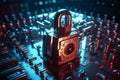 padlock on electronic circuit design background, glowing electronic lock, computer network Royalty Free Stock Photo