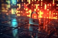 padlock on electronic circuit design background, glowing electronic lock, computer network and cybersecurity. Royalty Free Stock Photo