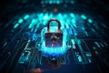 padlock on electronic circuit design background, glowing electronic lock, computer network and cybersecurity. Royalty Free Stock Photo