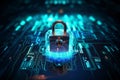padlock on electronic circuit design background, glowing electronic lock, computer network and cybersecurity. Royalty Free Stock Photo